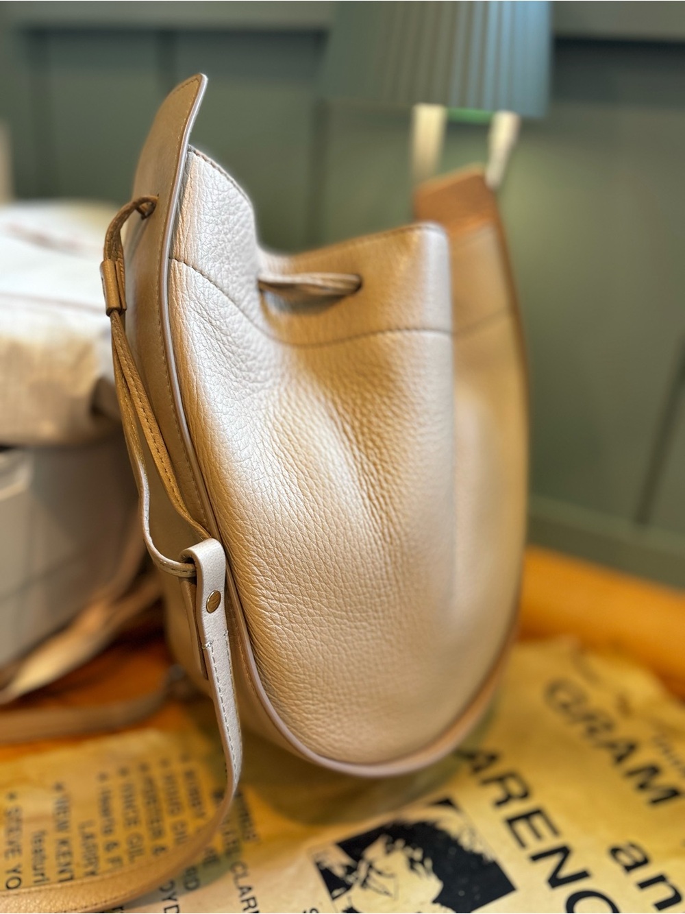 The Row Pebbled Leather Drawstring Bucket Bag Taupe Greige Crossbody VGUC - Picture 9 of 14